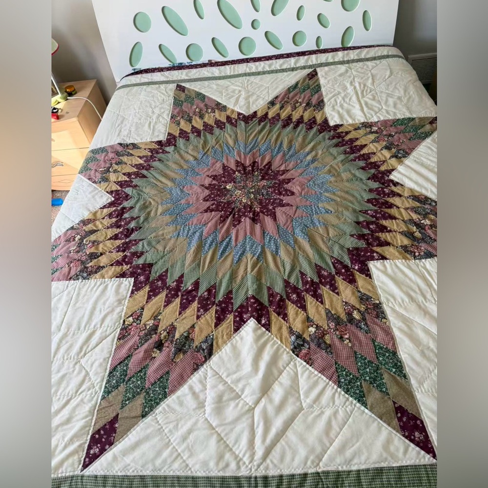 Vintage Handmade Lone Star Quilt Blanket Queen Size Patchwork Cottagecore